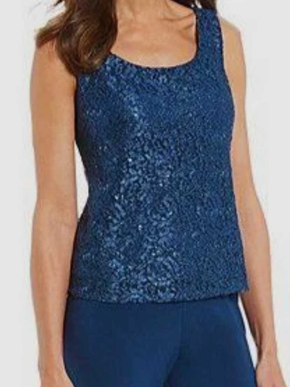 R&M Richards Blue Sequin Scoop Neck Camisole Lace Overlay